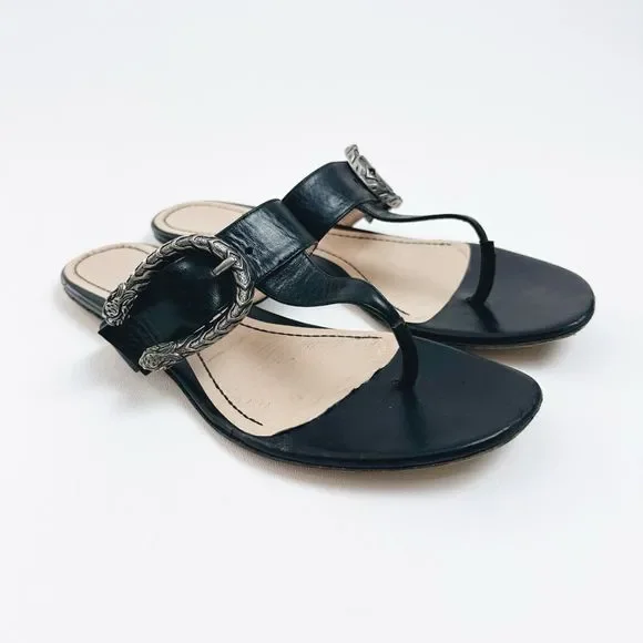 GUCCI Dionysus Black Sandal 38.5 US 8.5 Flat Flip Flop Leather T-Strap Flat GG - Picture 2 of 11